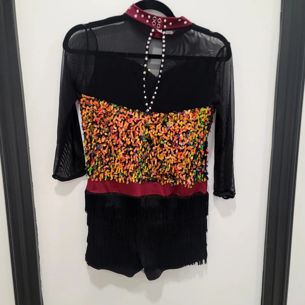 Weissman Sequin Jazz Leotard XXLC  Custom Jewel Neck Fringe Costume  Showstopper